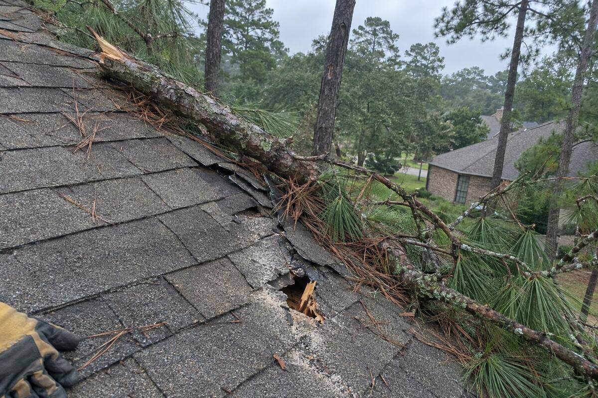A broken pine branch lying across gray shingles, with torn tabs and a small hole beneath it