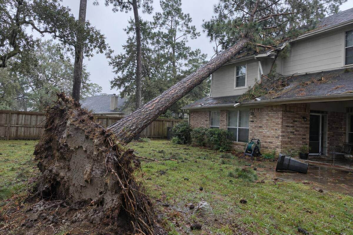 An uprooted pine with its root plate standing out of wet clay, the trunk leaning onto the back of a brick house